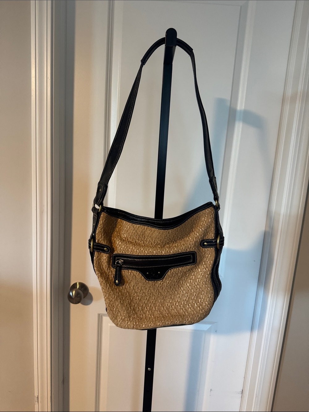 Stone Mountain Accessories Tan Woven Shoulder Bag with Black Trim